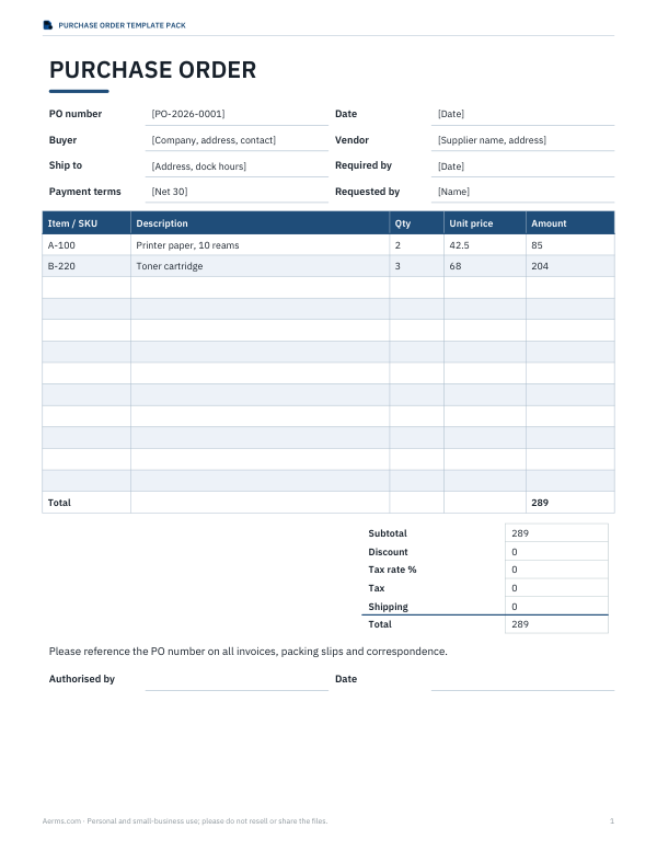 Preview of Printable Purchase Order Template